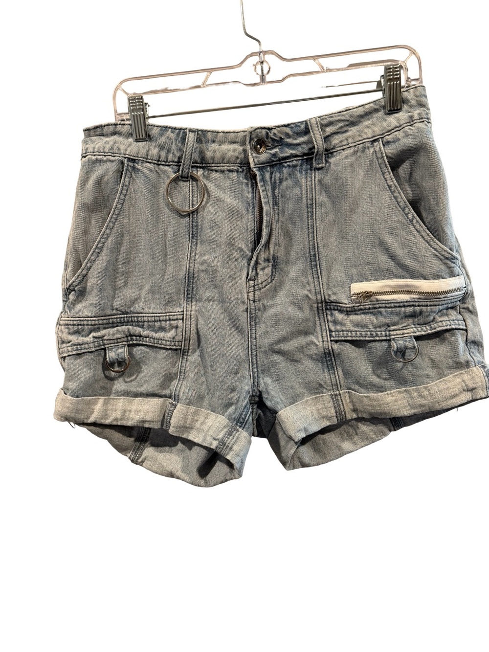 Hot Topic Washed Gray Denim Cargo Shorts with Ring Detail